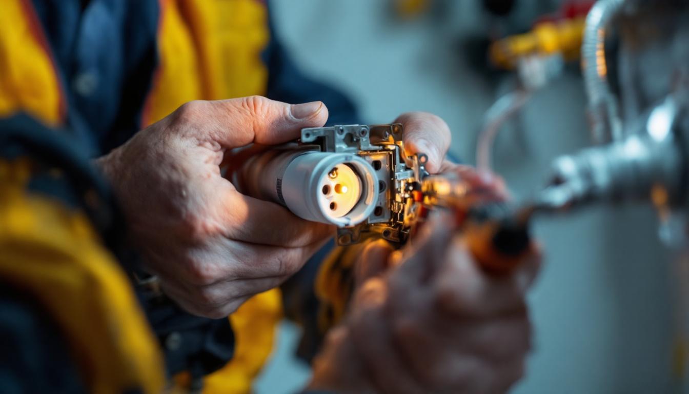 A photograph of a close-up shot of an electrical engineer replacing a fluorescent socket