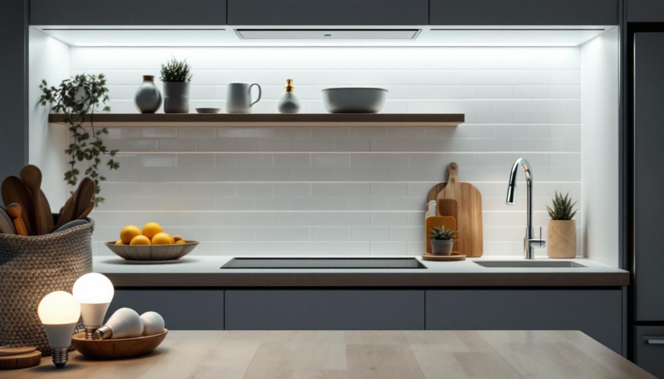 A photograph of a well-lit kitchen showcasing under-counter lighting with various replacement bulb options displayed alongside