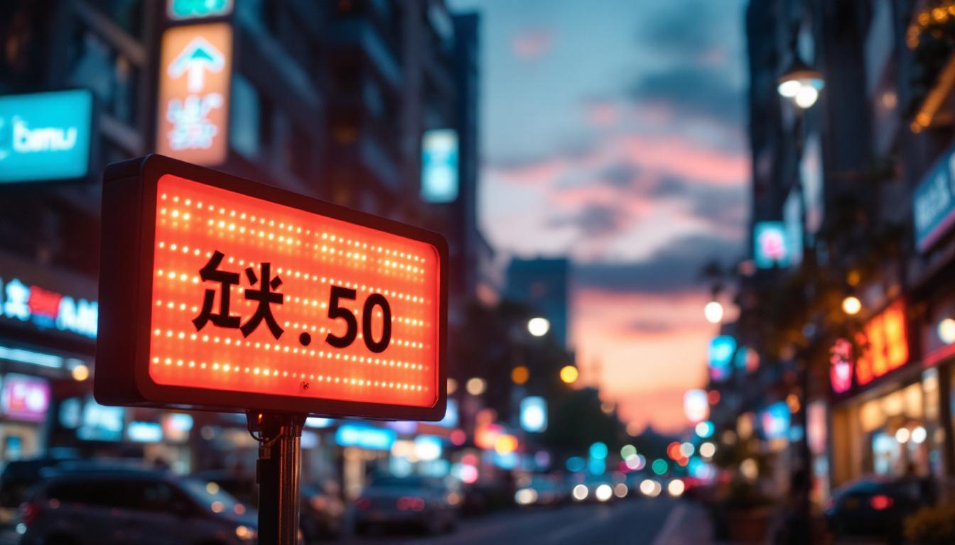 A photograph of capture a photograph of a vibrant led sign illuminating a bustling commercial area at dusk