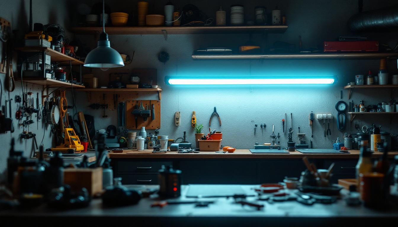 A photograph of a well-lit workshop or garage featuring a 4 ft fluorescent shop light in use