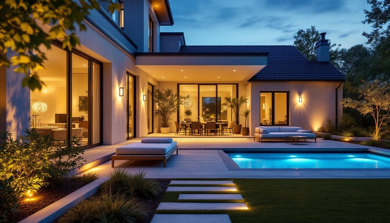 A photograph of a beautifully illuminated outdoor space featuring stylish and functional outdoor lights that enhance the architectural features of a house