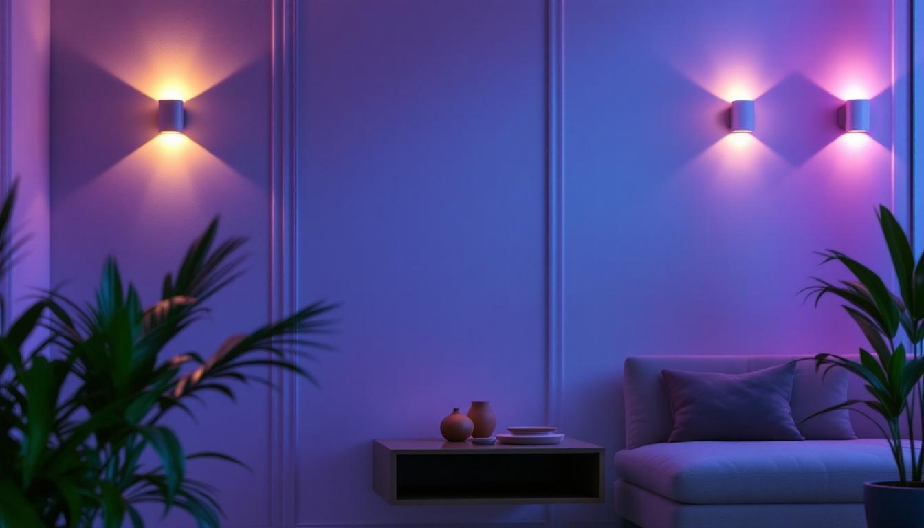 A photograph of a beautifully designed indoor space featuring wall sconces with both upward and downward lighting