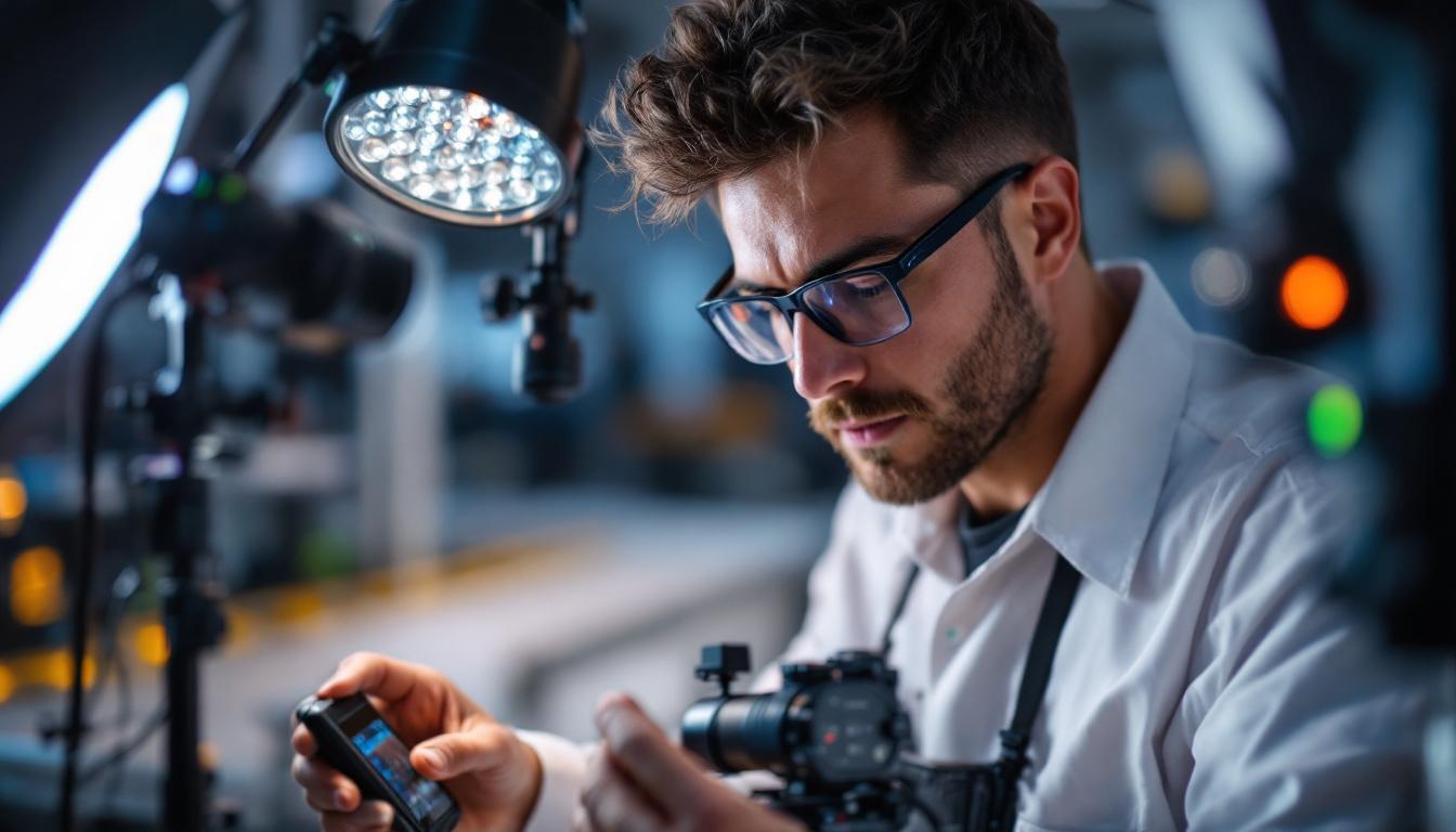 A photograph of a technician carefully examining a lighting setup with various sensors