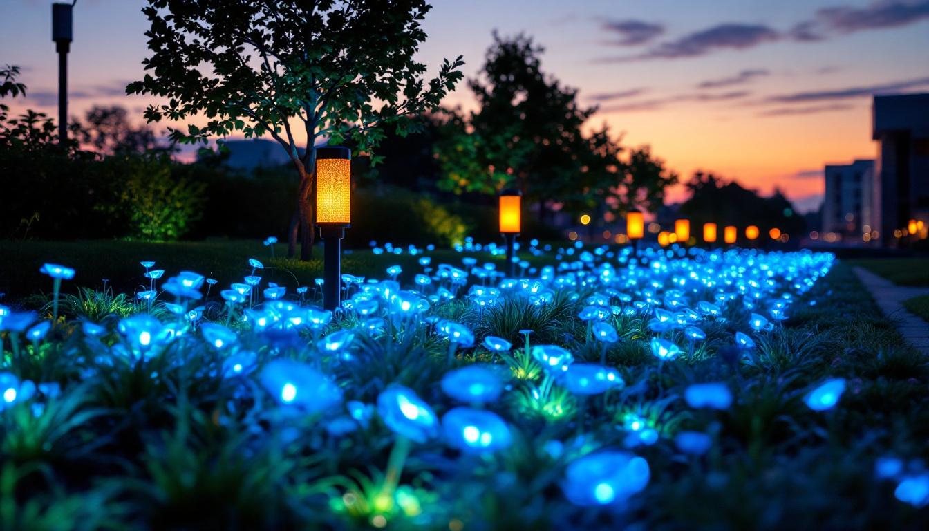 A photograph of a large-scale outdoor lighting installation featuring solar blue lights illuminating a vibrant urban or natural landscape at dusk