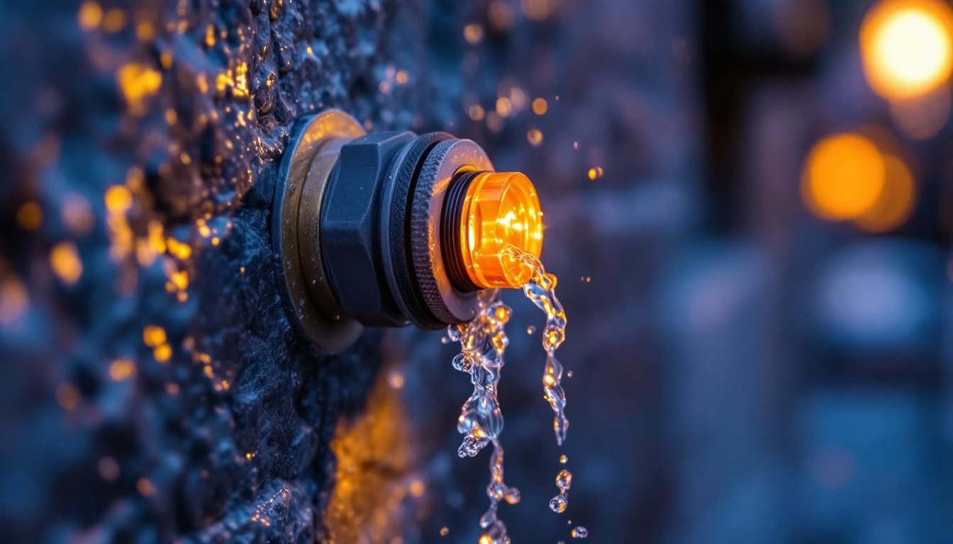 A photograph of a close-up of a watertight connector in an outdoor lighting installation