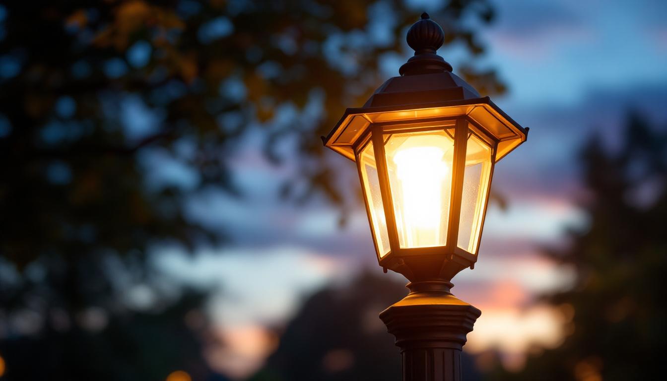 A photograph of a beautifully illuminated low voltage post lantern in an outdoor setting during twilight