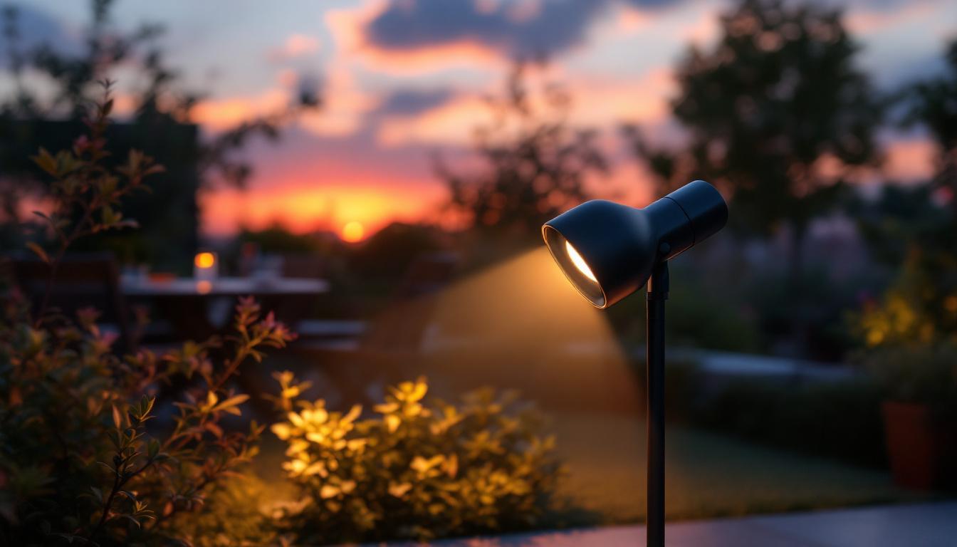 A photograph of a beautifully designed outdoor spot lamp illuminating a picturesque garden or patio setting at dusk