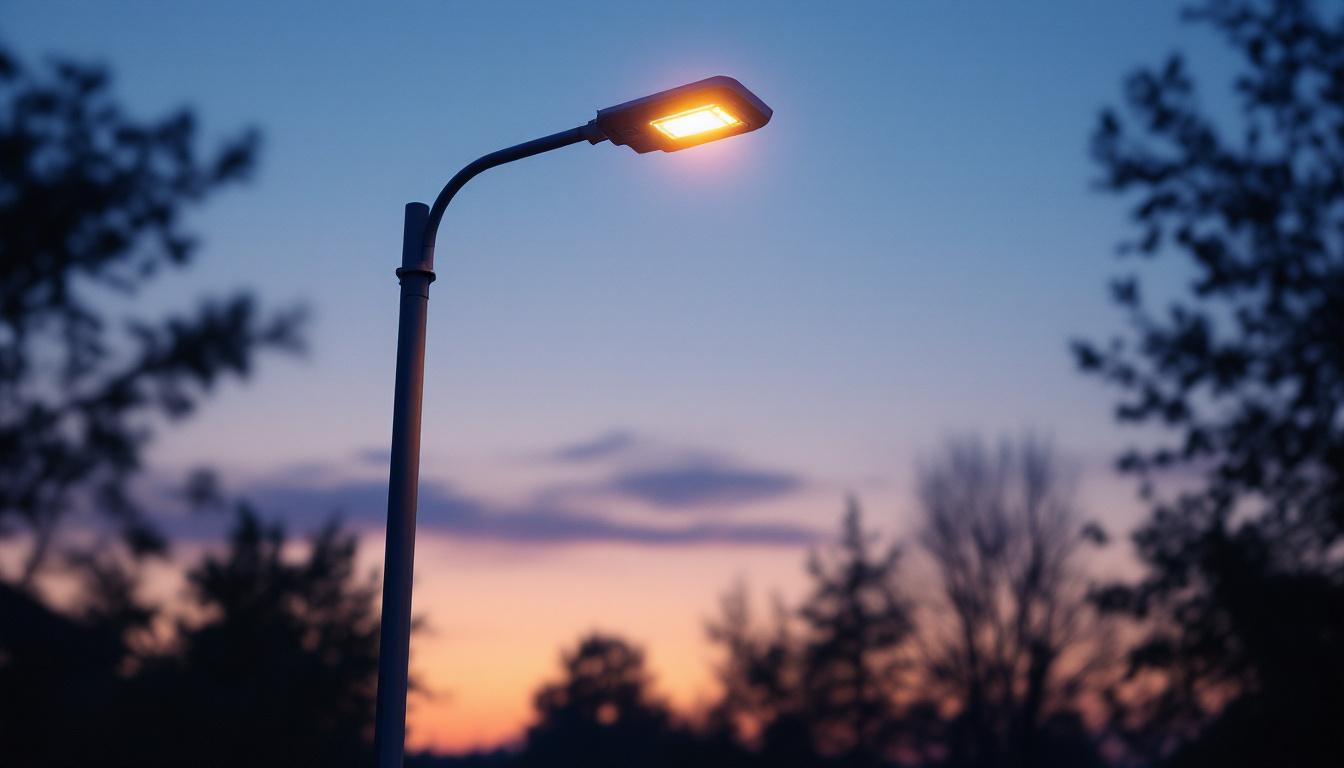 A photograph of a pole light fixture illuminated at dusk