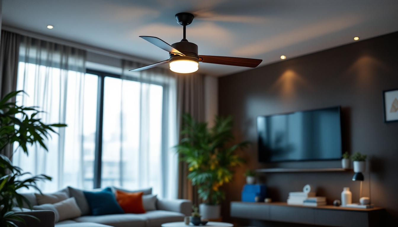 A photograph of a stylish light and ceiling fan combo installed in a modern living space