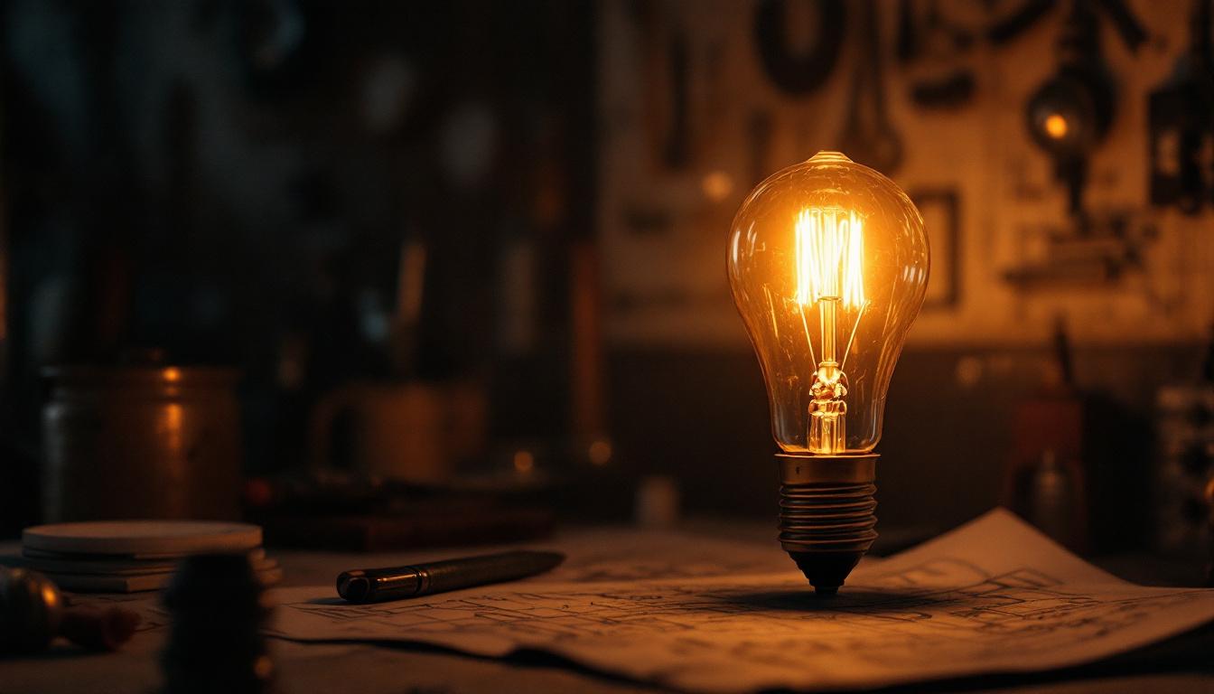 A photograph of a vintage light bulb glowing warmly in a dimly lit workshop