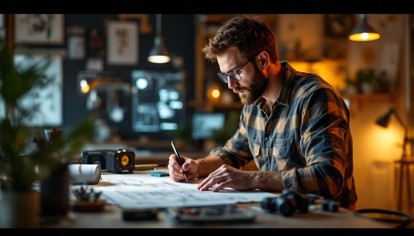 A photograph of a focused electrical engineer working on a lighting design project