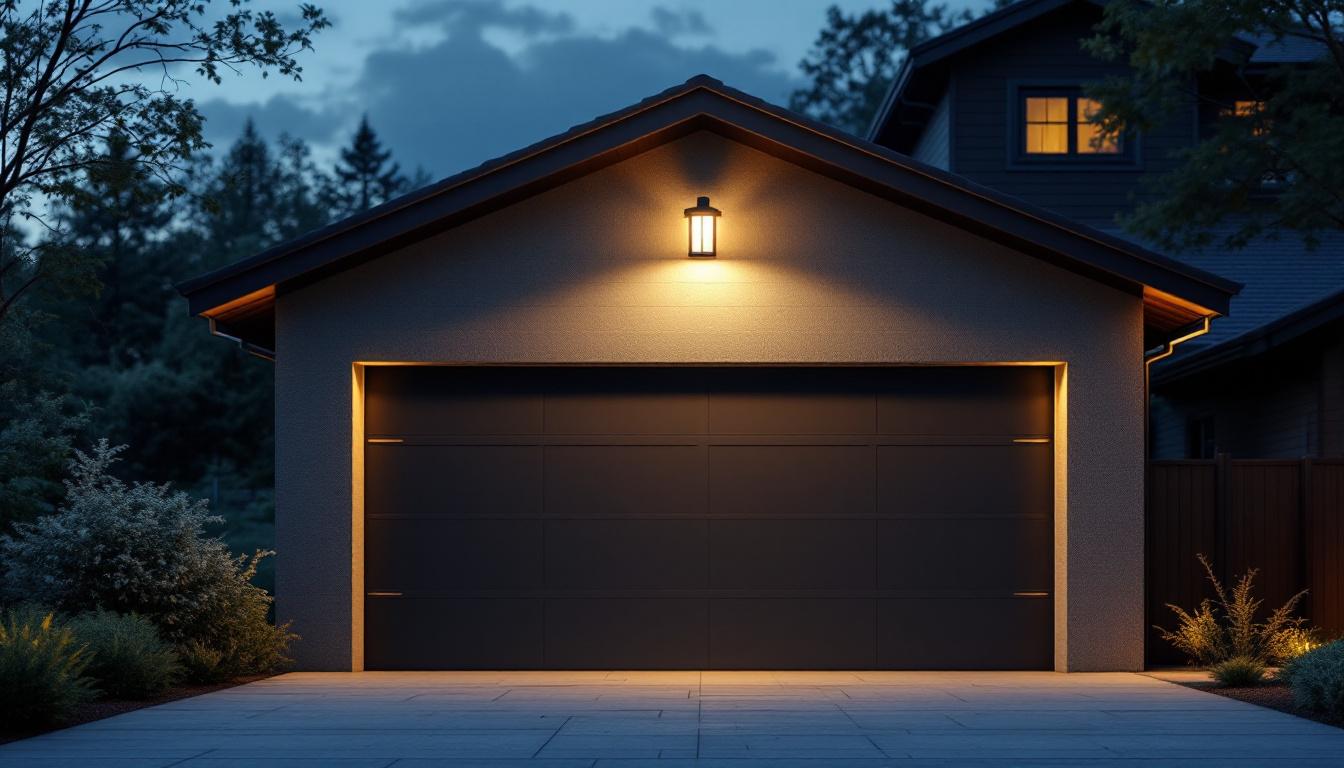 A photograph of a well-lit garage exterior at dusk