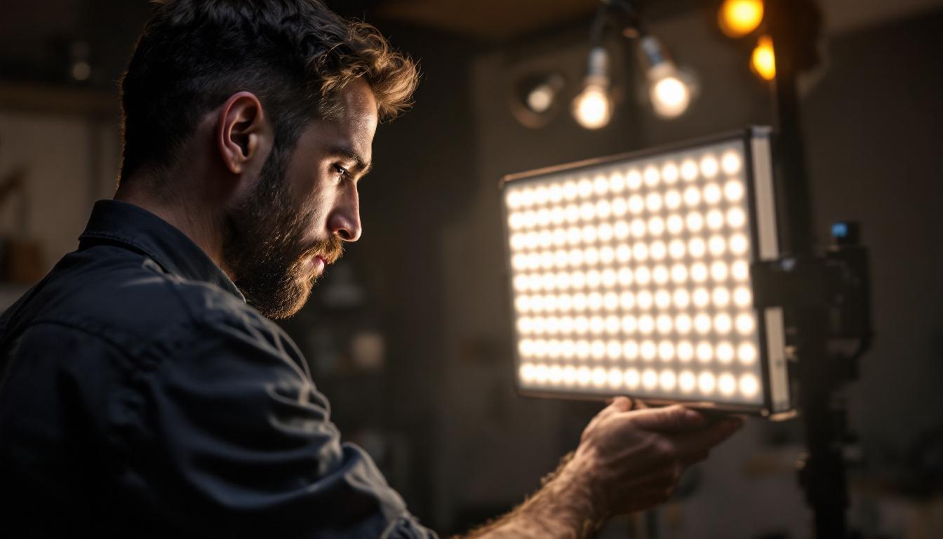 A photograph of a lighting engineer working with a 2x4 panel light in a studio setting