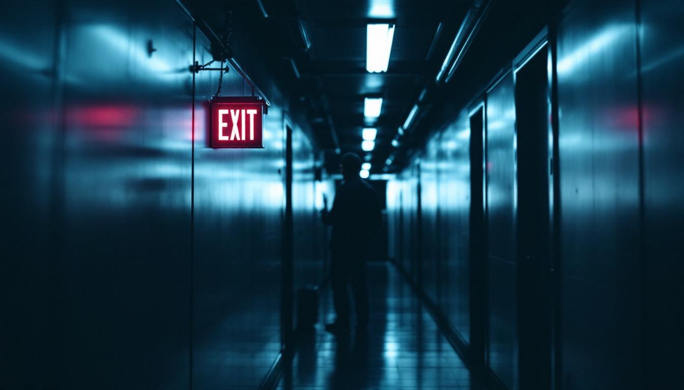 A photograph of a well-lit exit sign in a dimly lit corridor