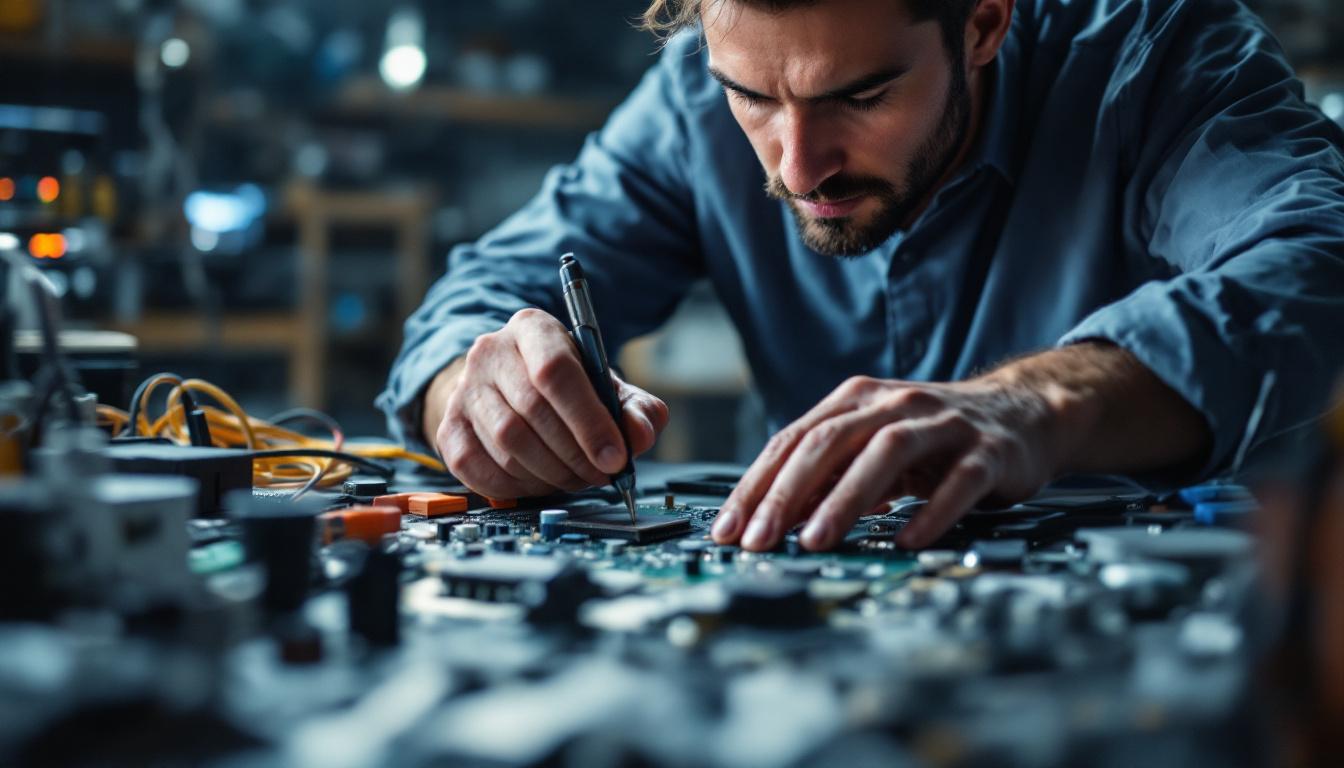 A photograph of a skilled electrical engineer working intently on a complex circuit board