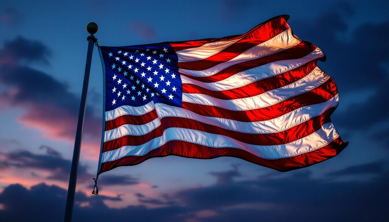 A photograph of a beautifully illuminated american flag at dusk