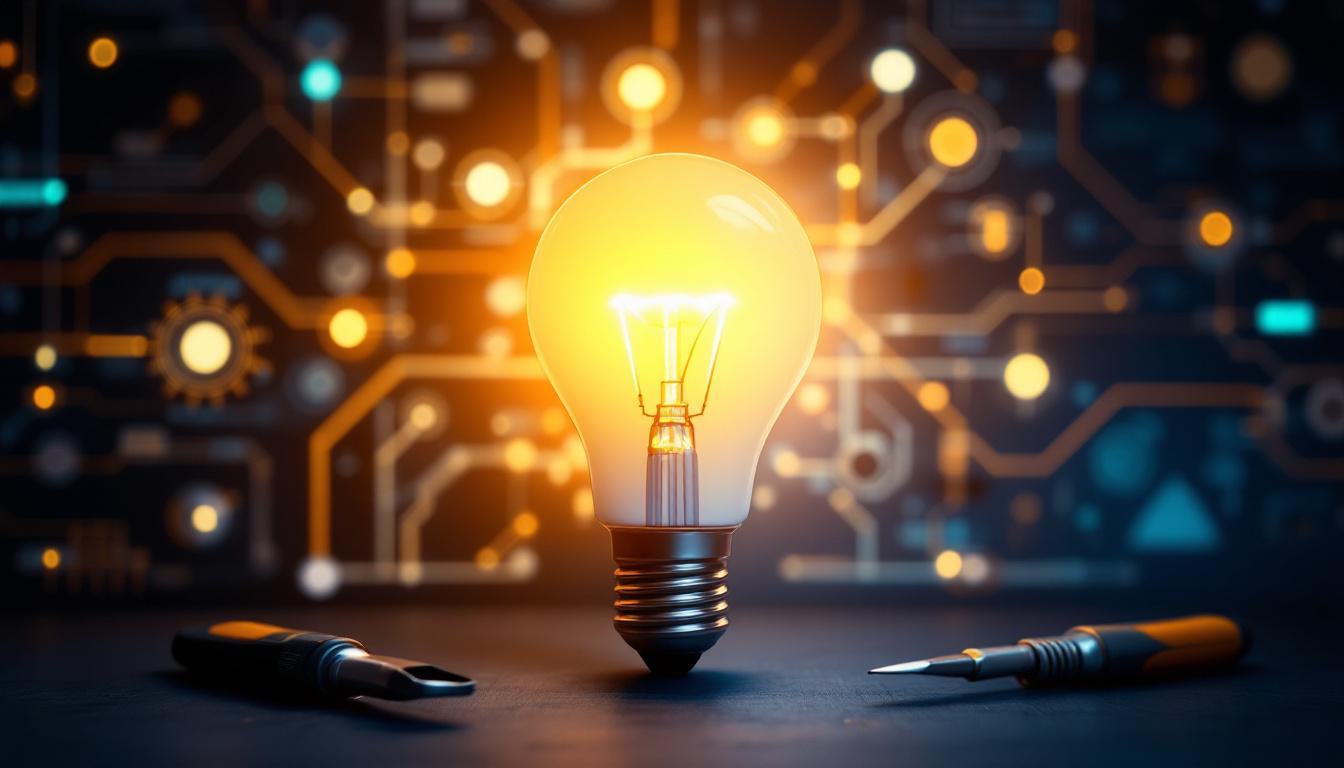 A photograph of a modern led light bulb illuminated against a dark background