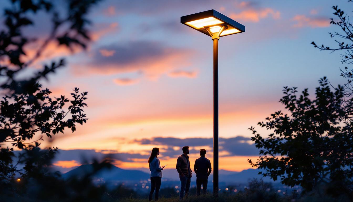 A photograph of a large solar lamp post illuminated at dusk
