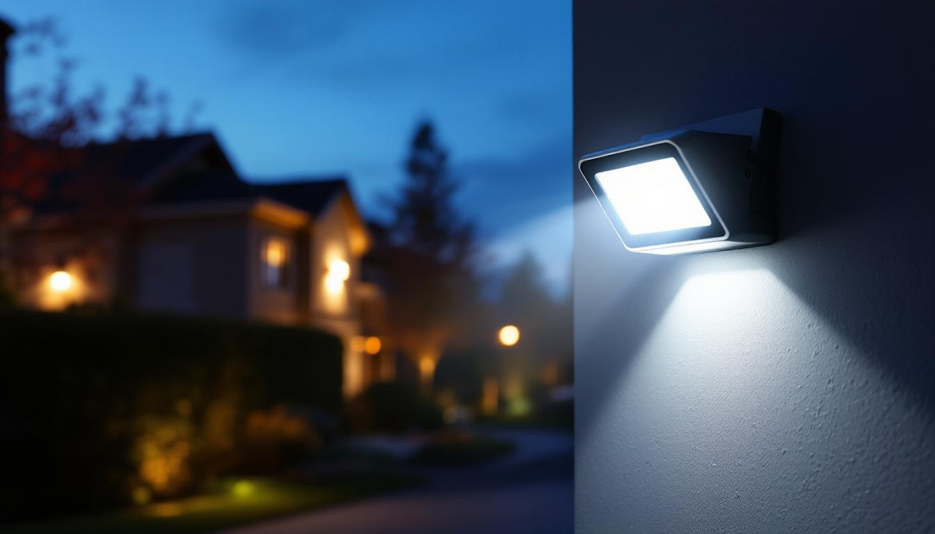 A photograph of a sleek led floodlight with an integrated motion detector installed in a well-lit outdoor setting