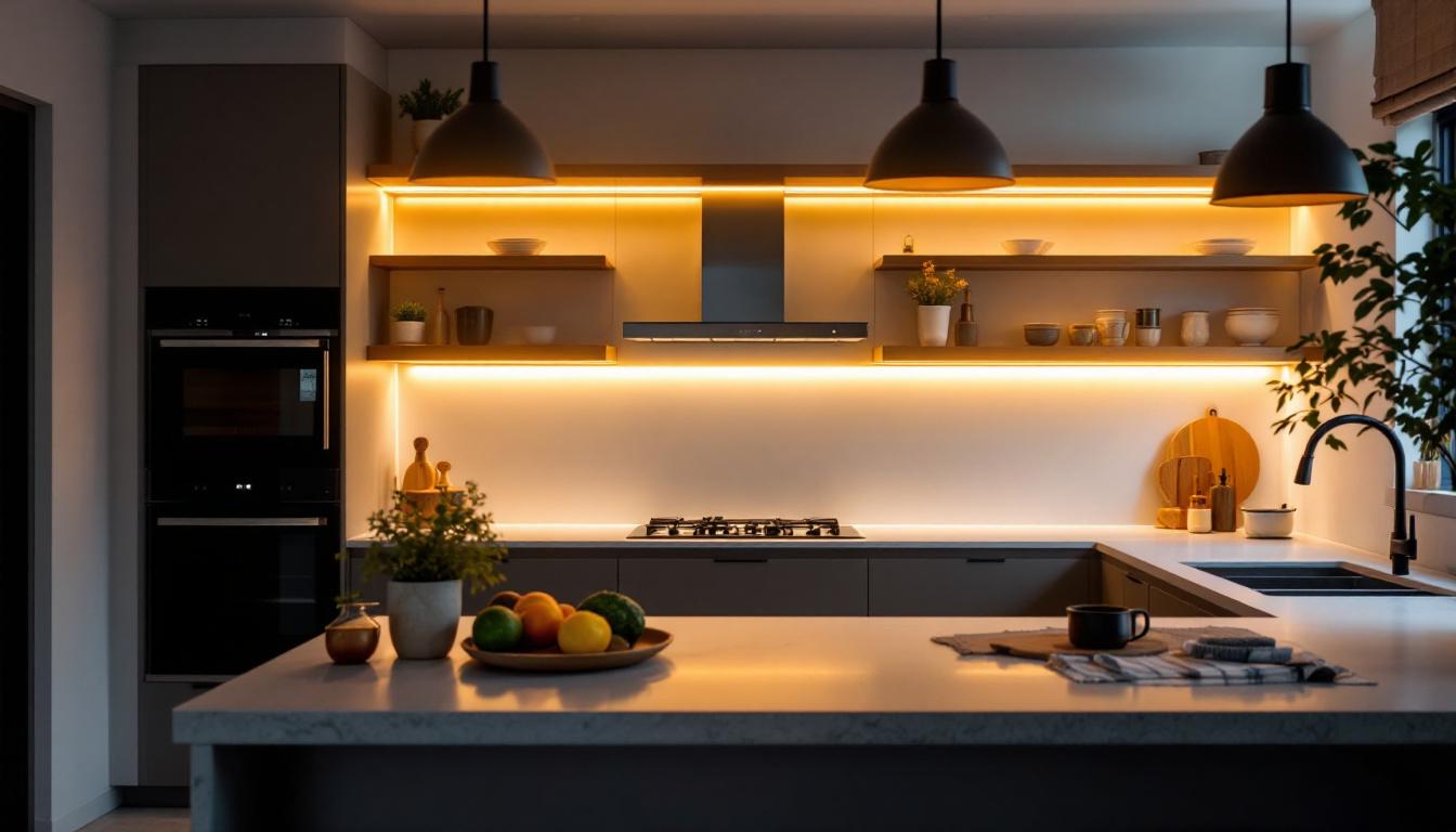 A photograph of a beautifully designed kitchen showcasing a sleek under-cabinet lighting setup