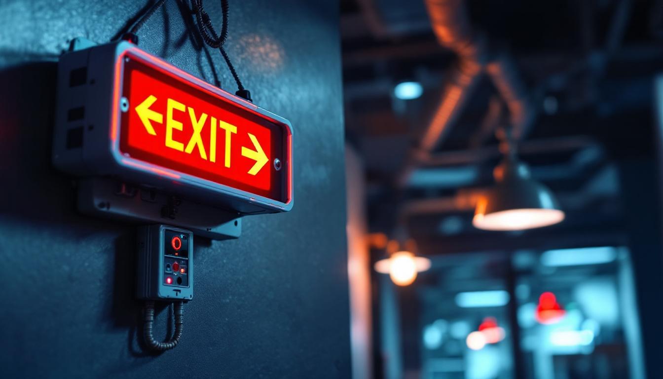 A photograph of a well-lit emergency lighting setup in a commercial space