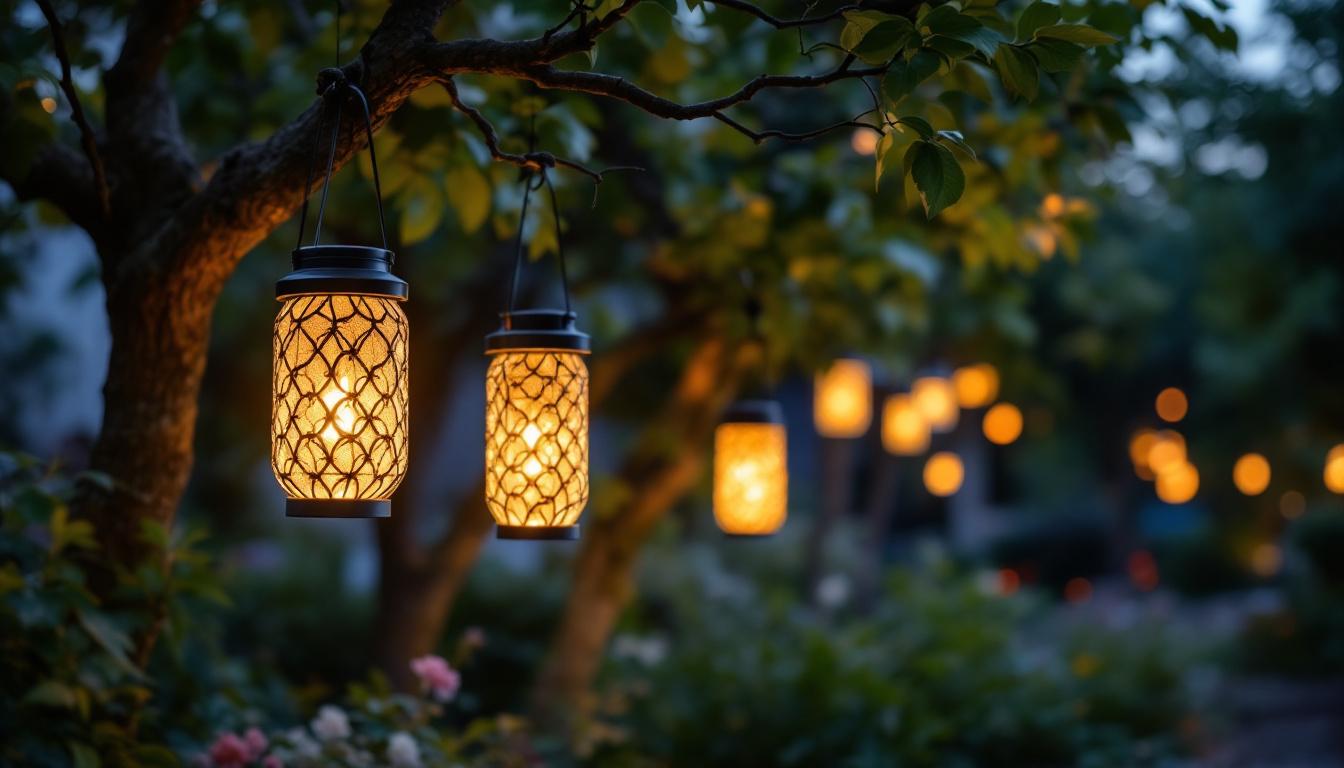 A photograph of a serene outdoor scene featuring solar lanterns elegantly hanging from tree branches
