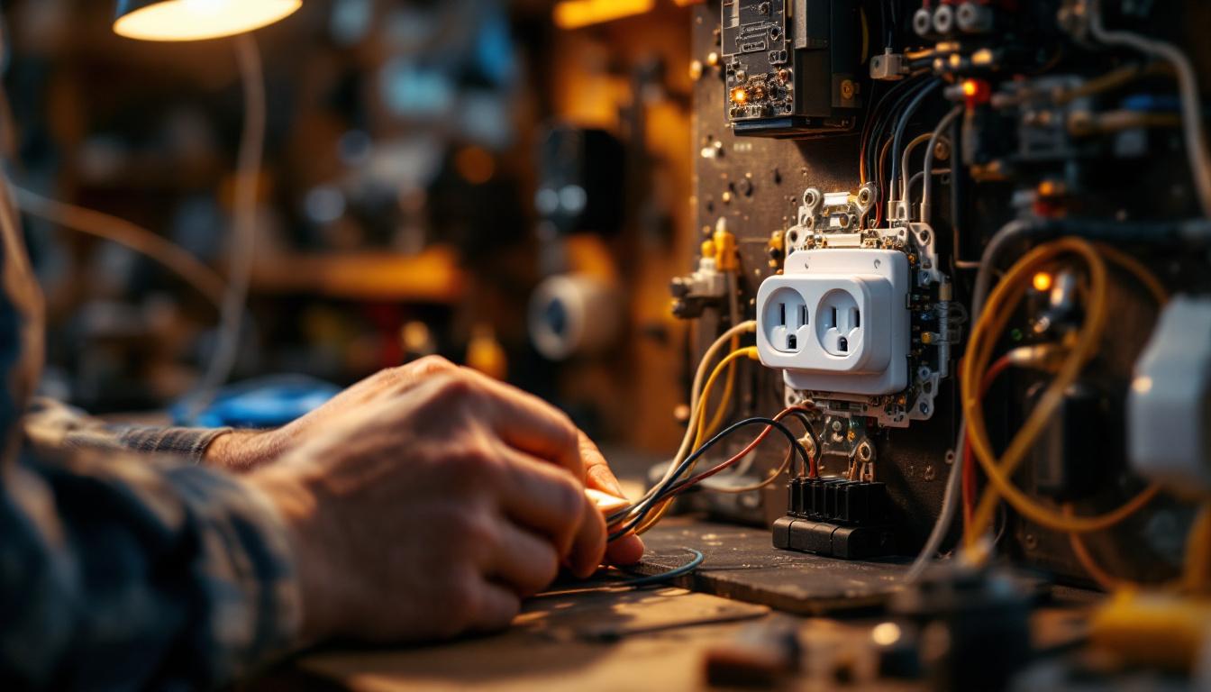 A photograph of a skilled electrical engineer working on a light sensing outlet prototype