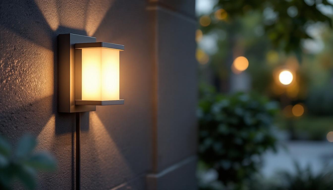 A photograph of a well-lit outdoor square light fixture installed in a landscaped setting