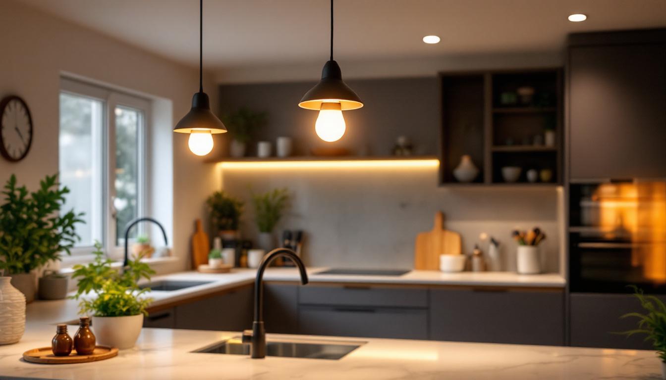 A photograph of a beautifully designed kitchen featuring various recessed light bulbs in action