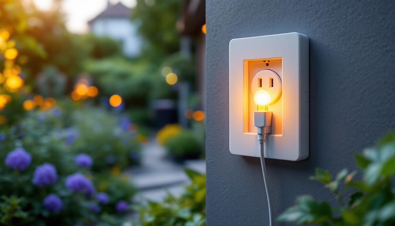 A photograph of a stylish outdoor light socket with a plug in a beautifully landscaped garden setting