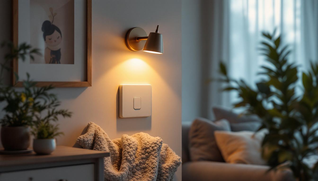 A photograph of a stylish wall plug-in light fixture in a cozy