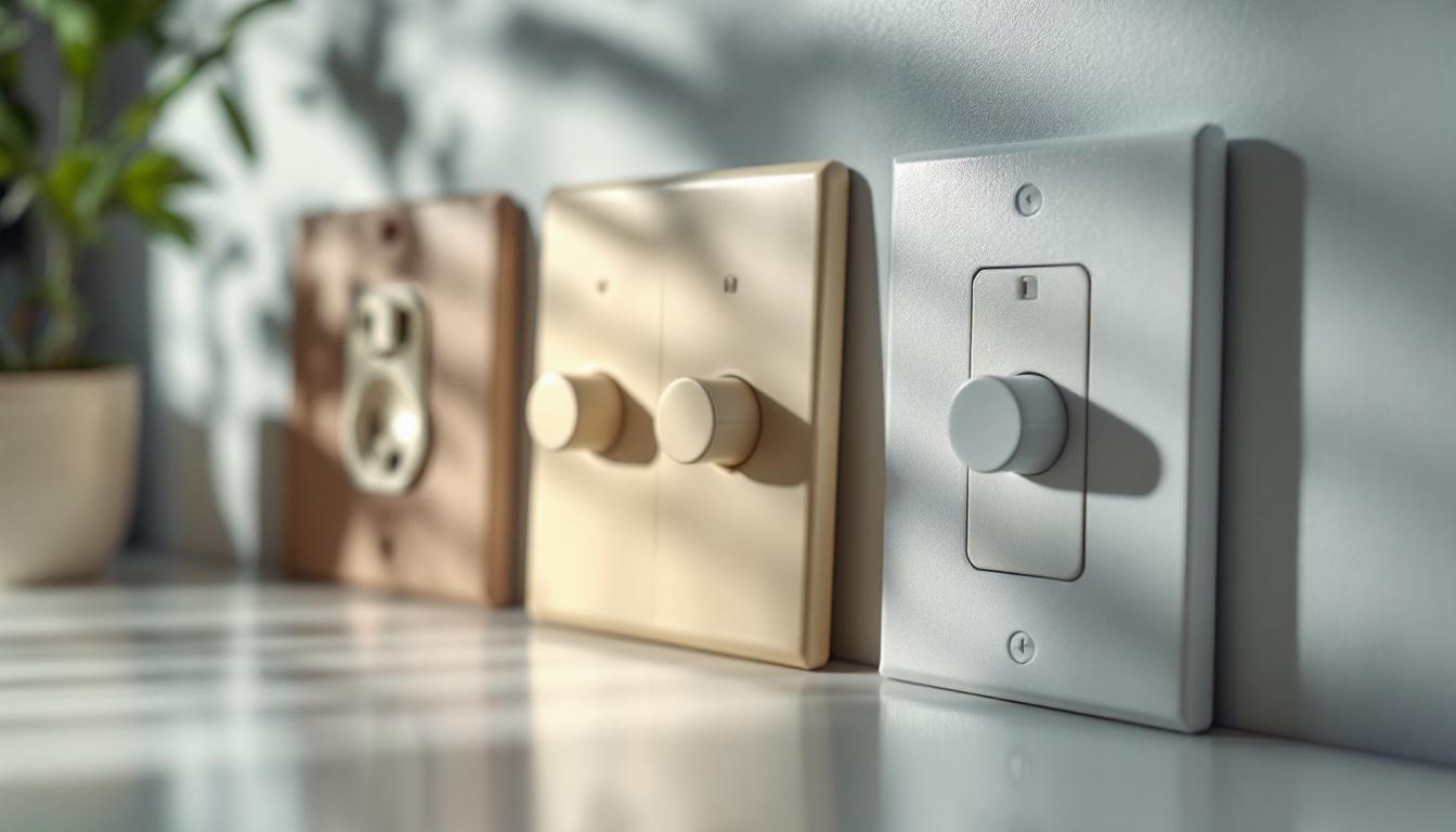 A photograph of a close-up of various switch and outlet covers in an aesthetically pleasing setting