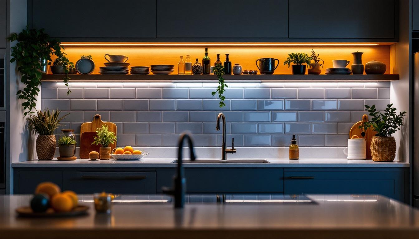 A photograph of a beautifully designed kitchen featuring stylish above-the-cabinet lighting