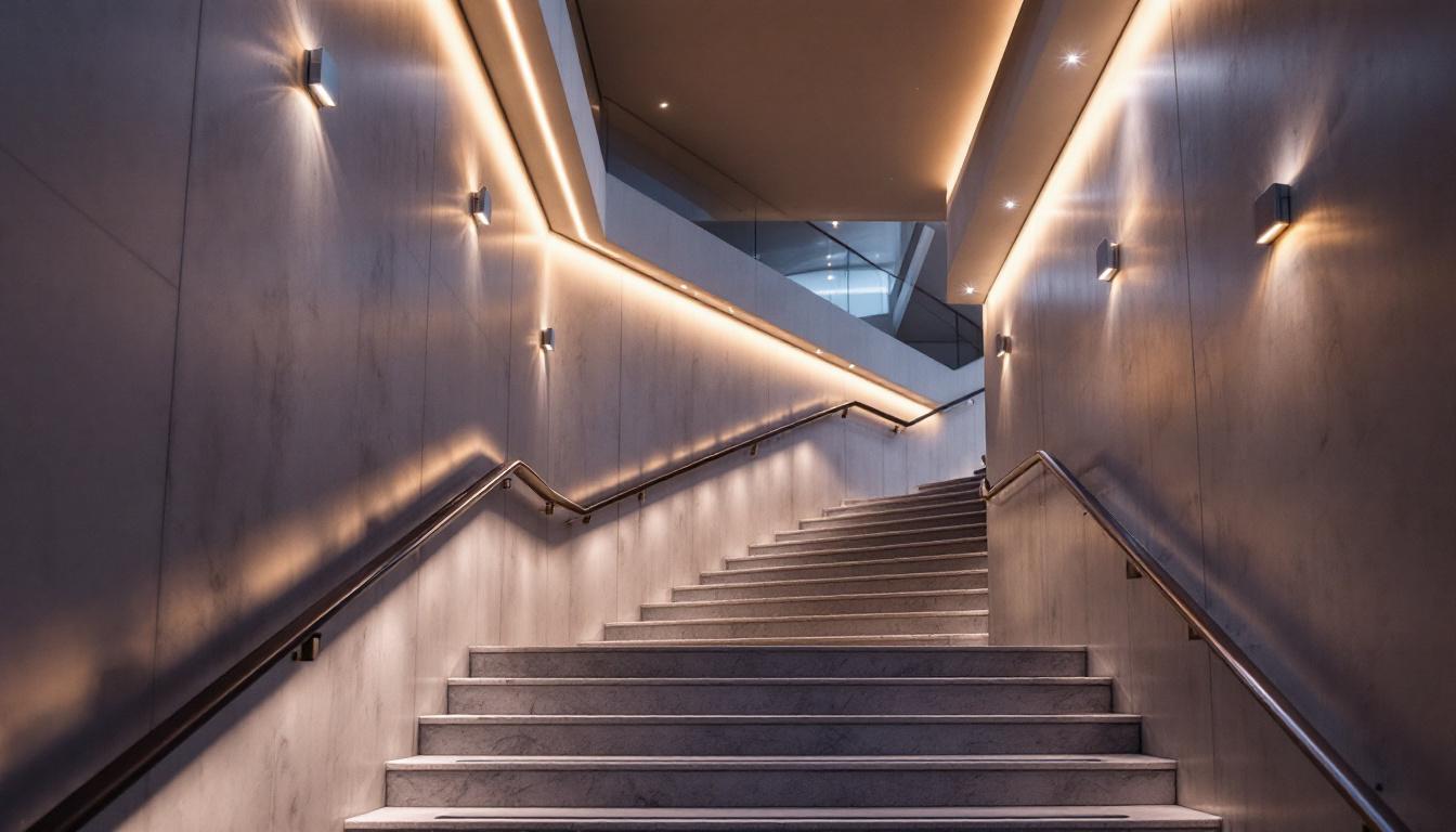 A photograph of a beautifully designed ceiling stairway illuminated by stylish lighting fixtures