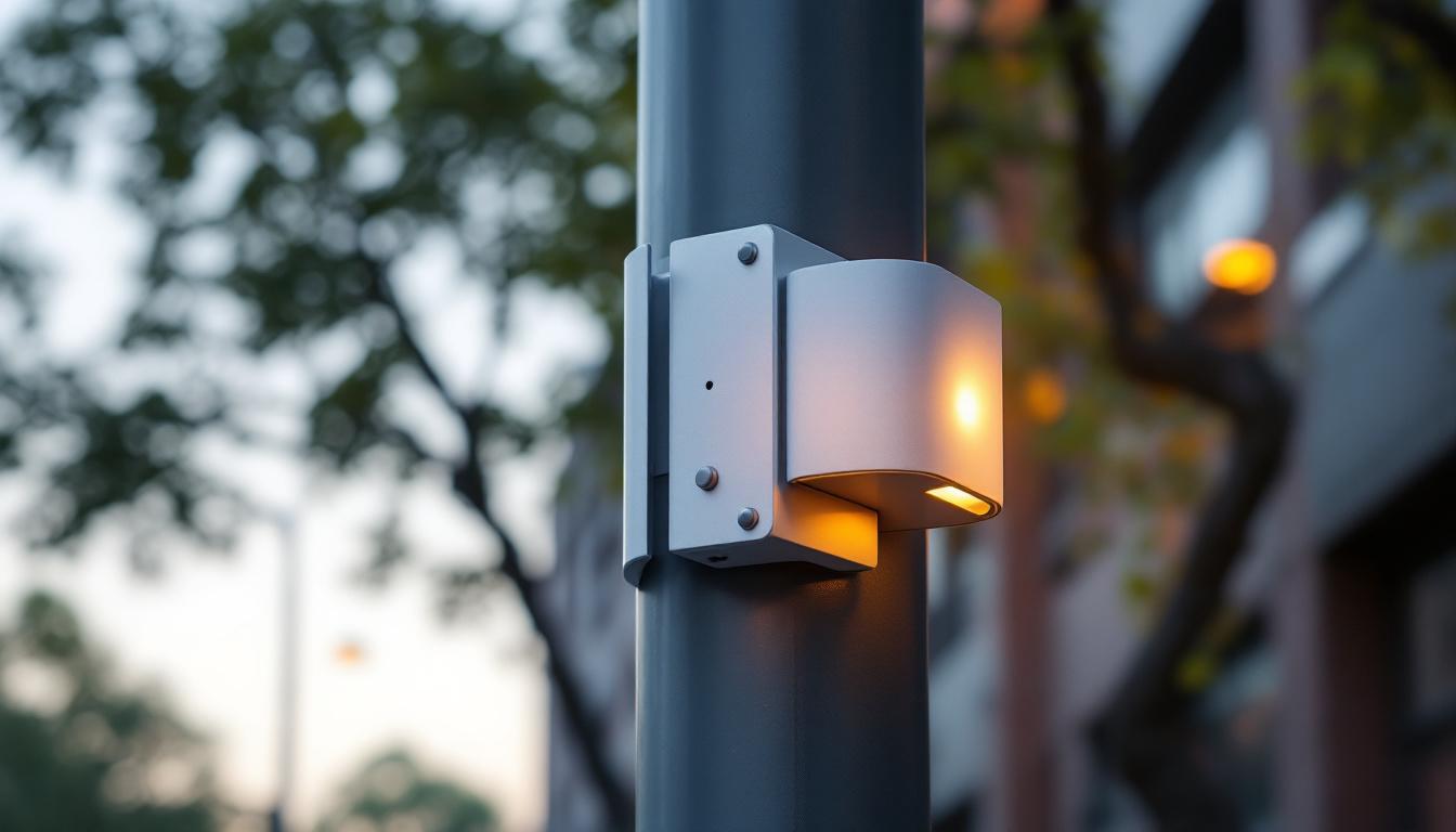 A photograph of a well-designed light pole mounting bracket installed on a streetlight