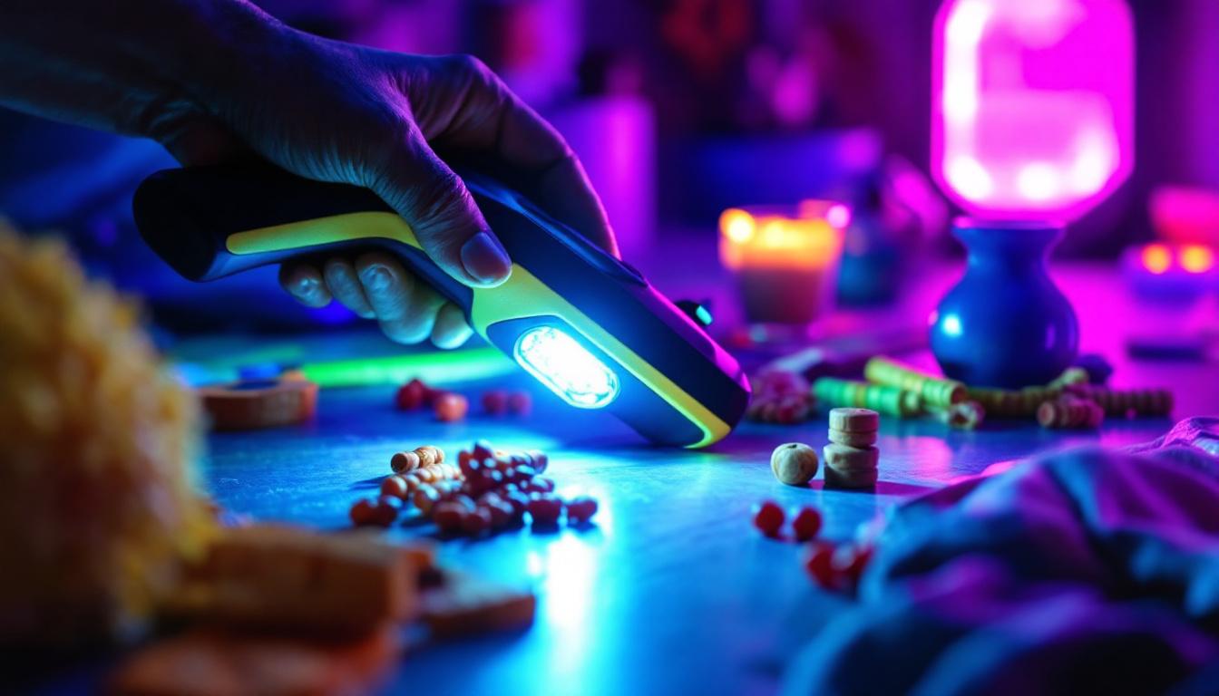 A photograph of a handheld ultraviolet light in use