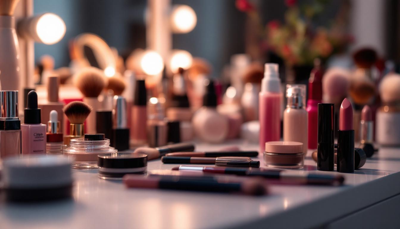 A photograph of a well-lit makeup vanity featuring a variety of high-quality makeup products