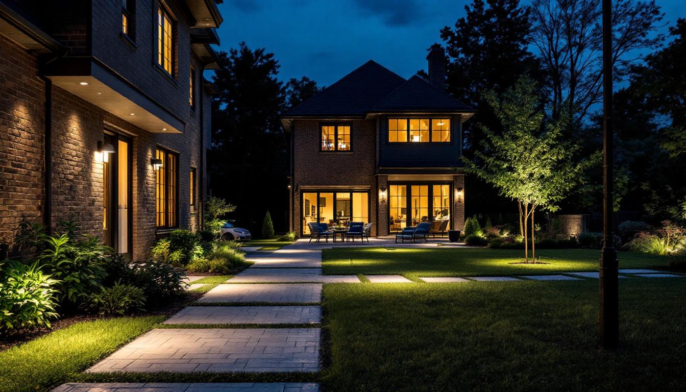 A photograph of a well-lit yard showcasing both industrial and commercial flood lighting designs in action
