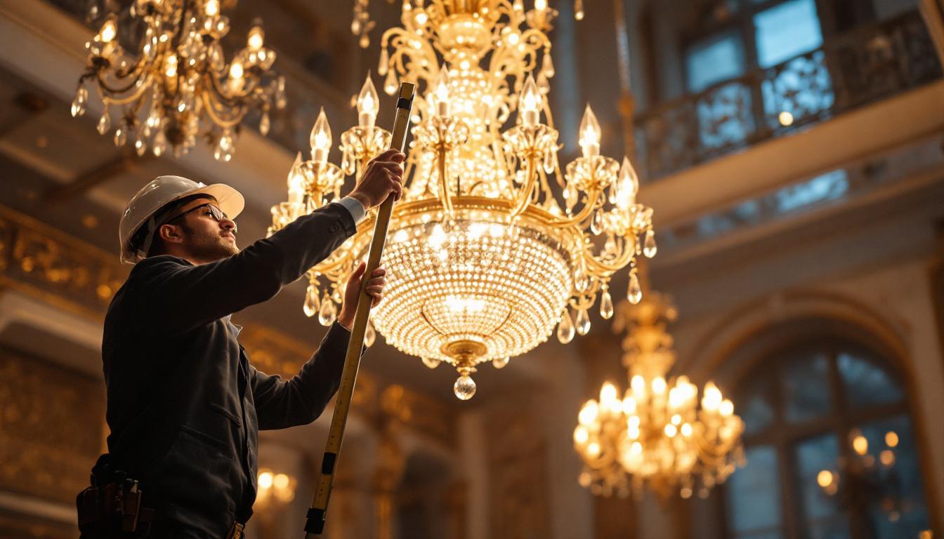 A photograph of a stunning chandelier installation in an elegant space