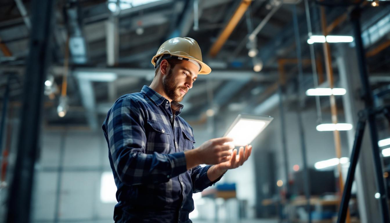 A photograph of a lighting engineer examining a 6-inch led retrofit fixture in a well-lit environment