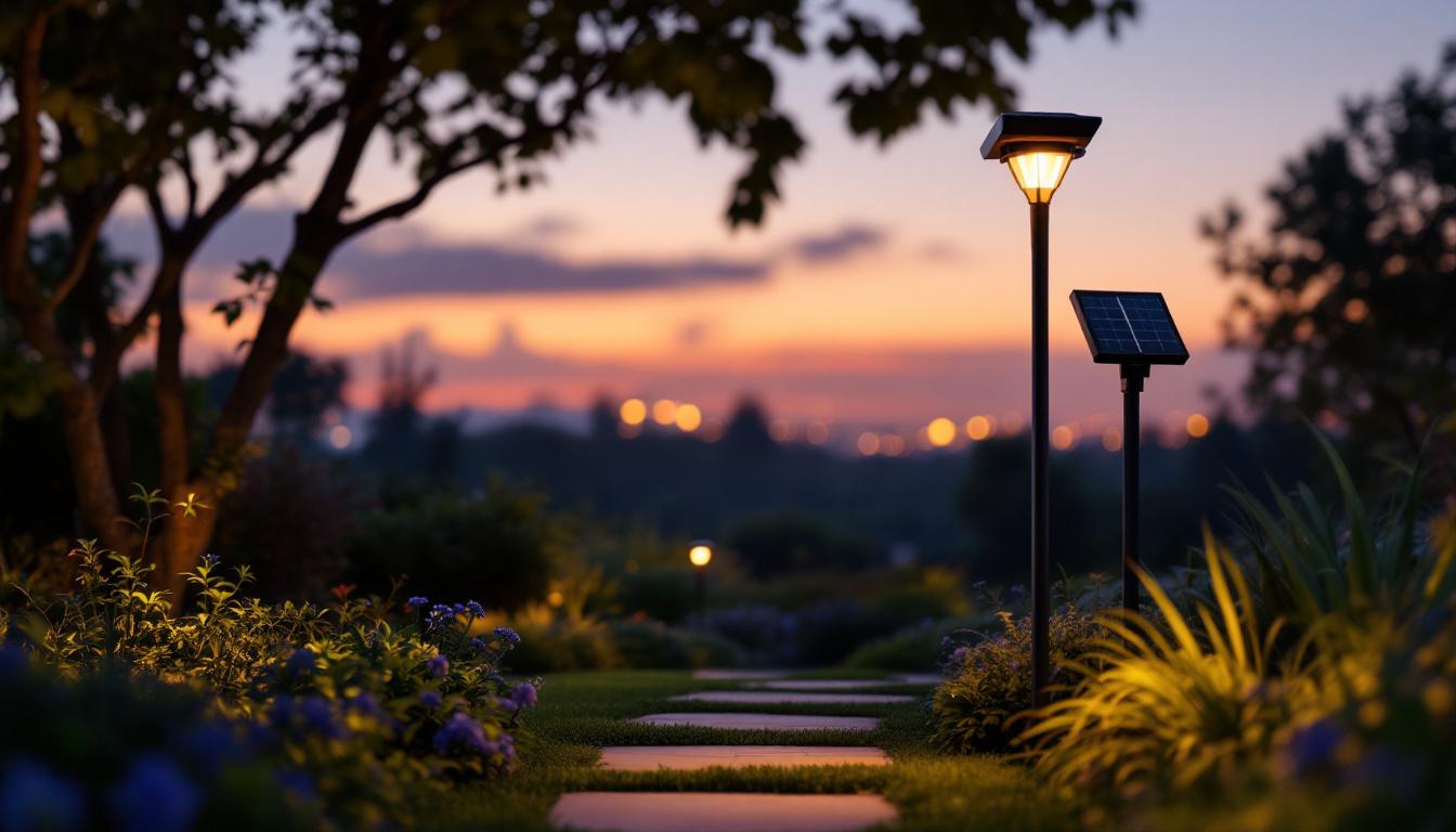 A photograph of a serene garden setting at dusk