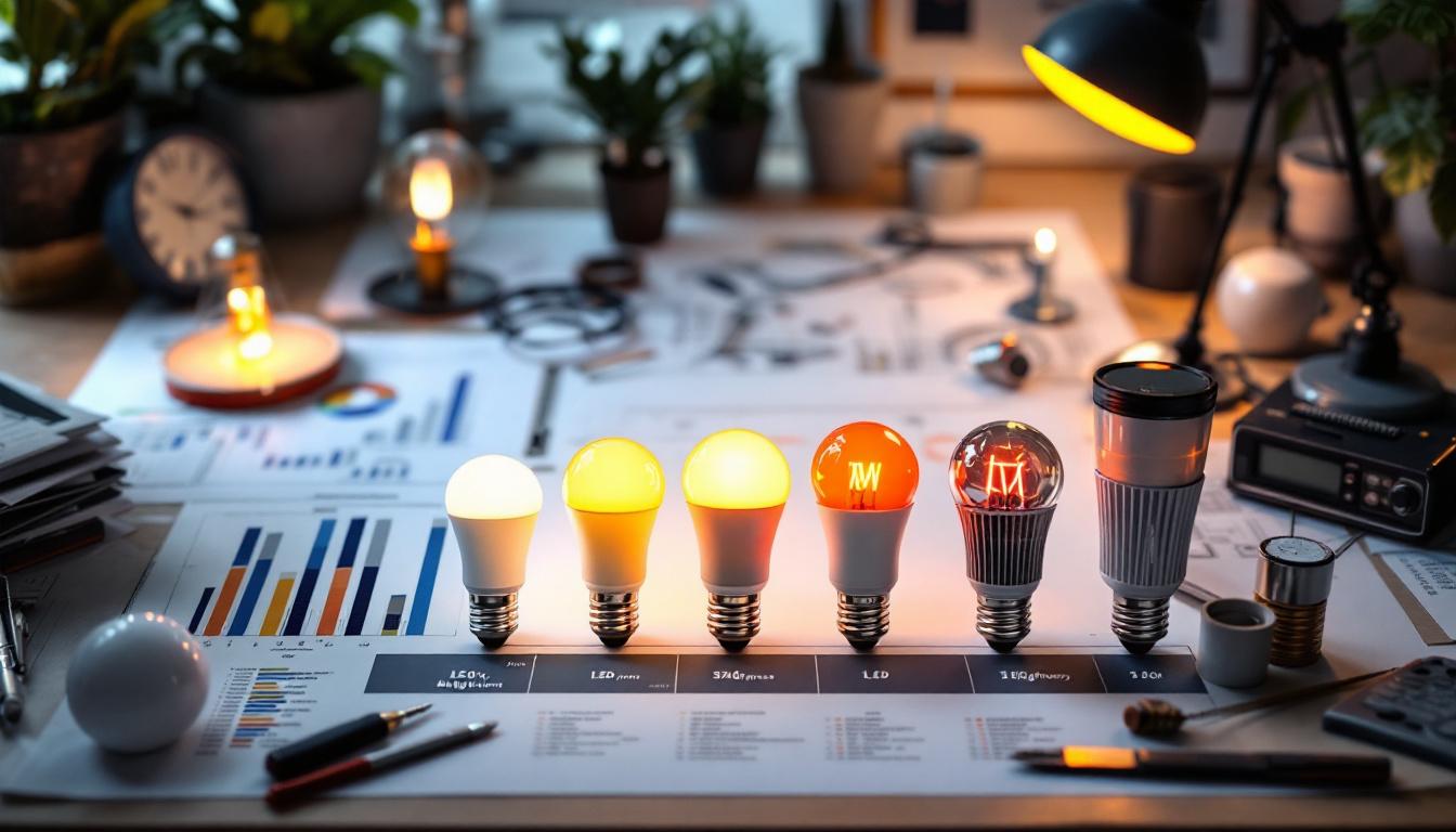 A photograph of a well-lit workspace showcasing a variety of led light bulbs in different brightness levels