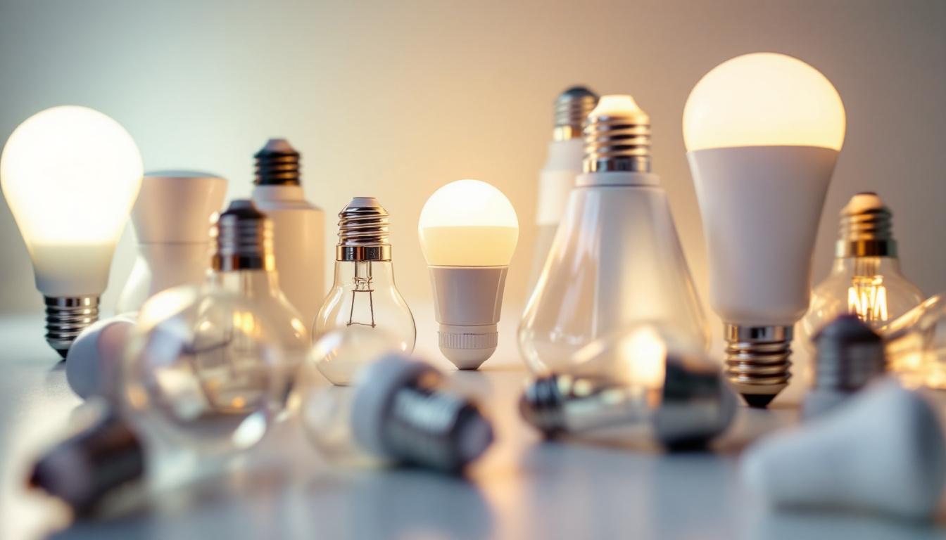 A photograph of a close-up shot of various small flood light bulbs arranged aesthetically