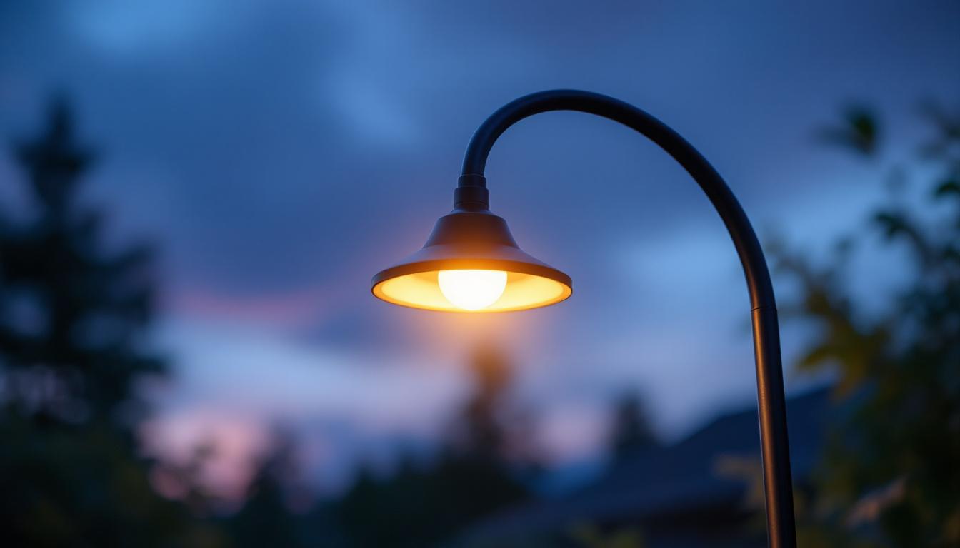 A photograph of a solar gooseneck light illuminating a garden or outdoor space at dusk
