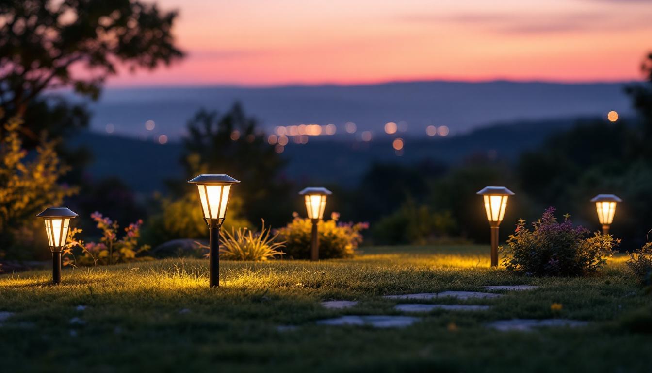A photograph of a beautifully illuminated outdoor space featuring power solar lights in various designs
