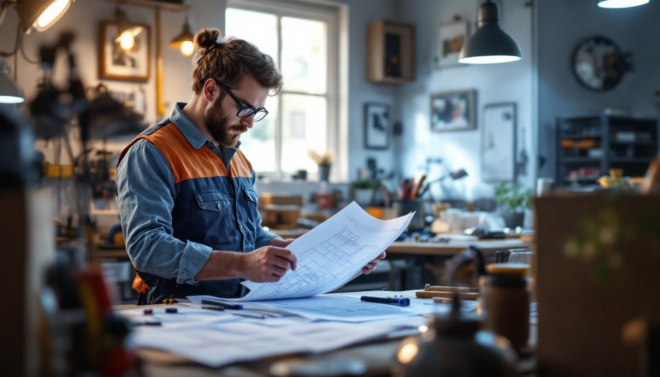 A photograph of a skilled electrical engineer reviewing blueprints and schematics in a well-lit workspace