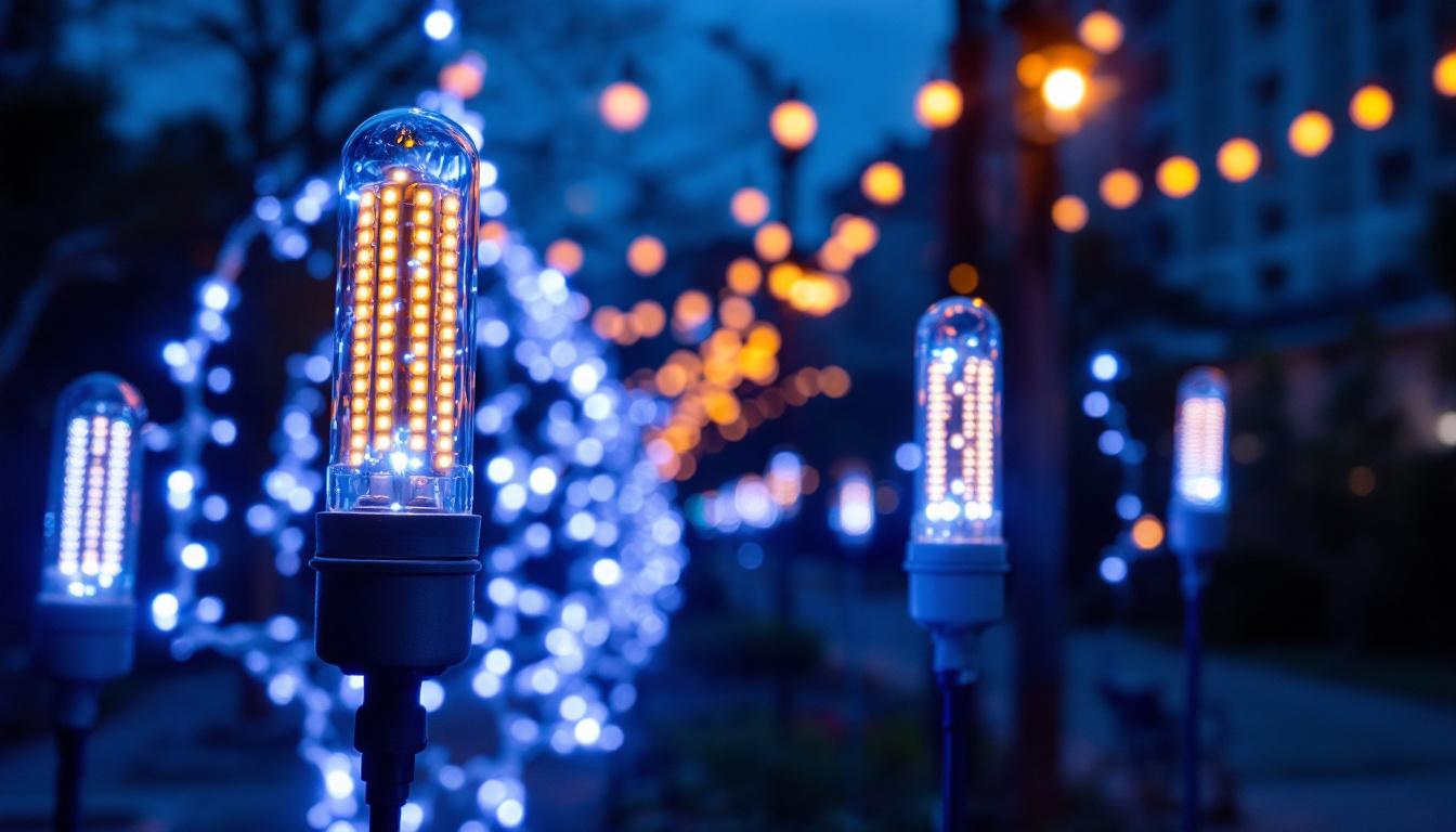 A photograph of a vibrant display of led corn lights in a setting that showcases their brightness and efficiency