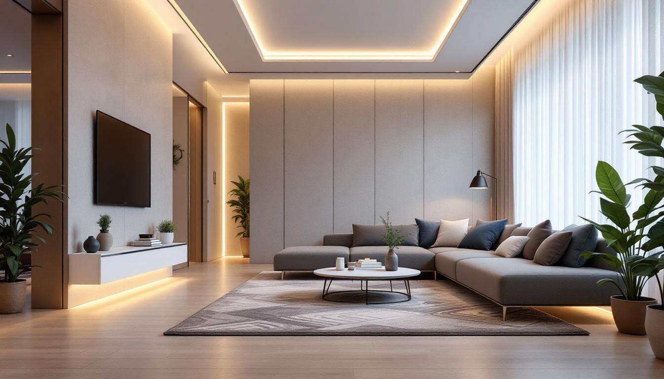 A photograph of a beautifully lit interior space showcasing linear led tape lighting integrated into modern design elements