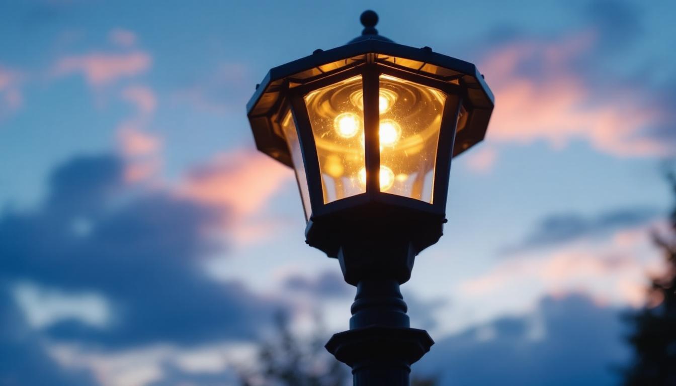 A photograph of a beautifully illuminated outdoor light post at dusk