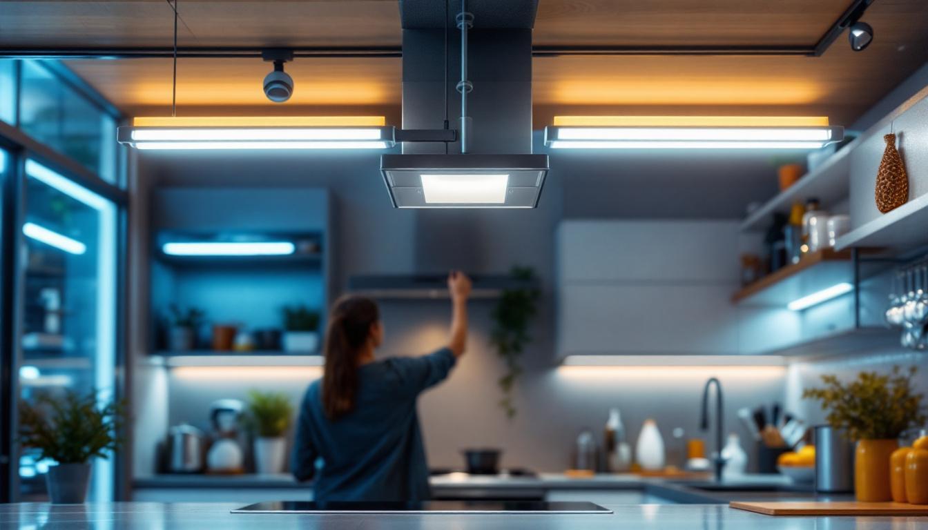 A photograph of a modern kitchen illuminated by sleek fluorescent ceiling lights